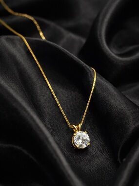 925 Gold Solitaire Necklace Adjustable 14-17” Dainty CZ Pendant
